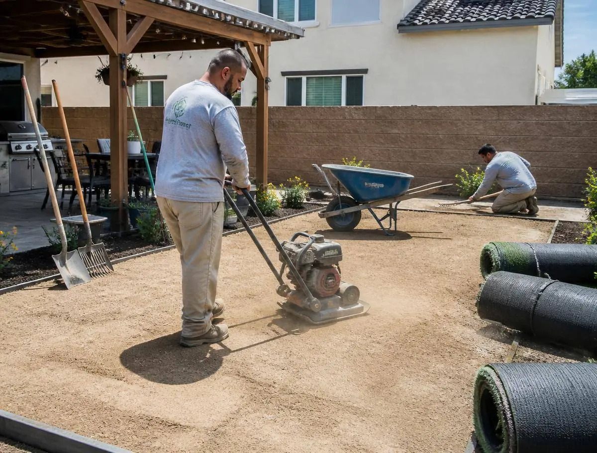 Plate compactor compacting class II base rock in lifts before turf installation