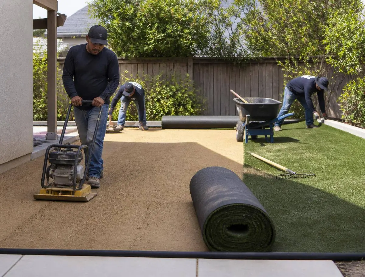Installation crew laying artificial grass over a prepared base in Riverside CA
