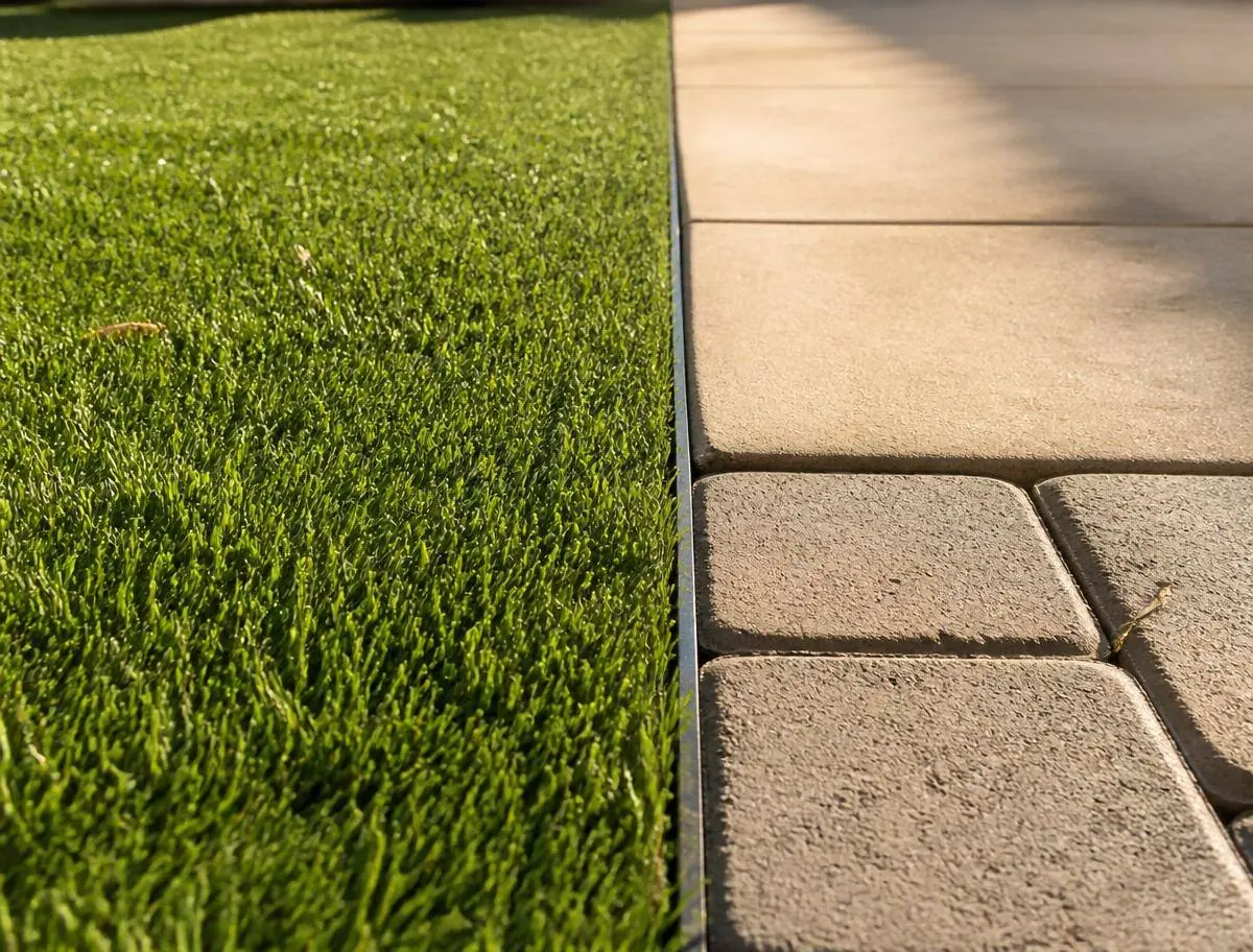 Clean artificial turf edge cut tight against a paver walkway with bender board edging