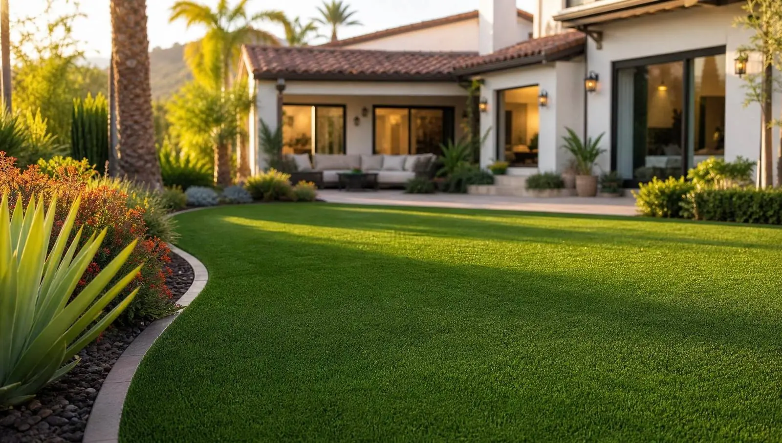 Finished backyard artificial turf installation in Riverside CA with a curved edge along a patio