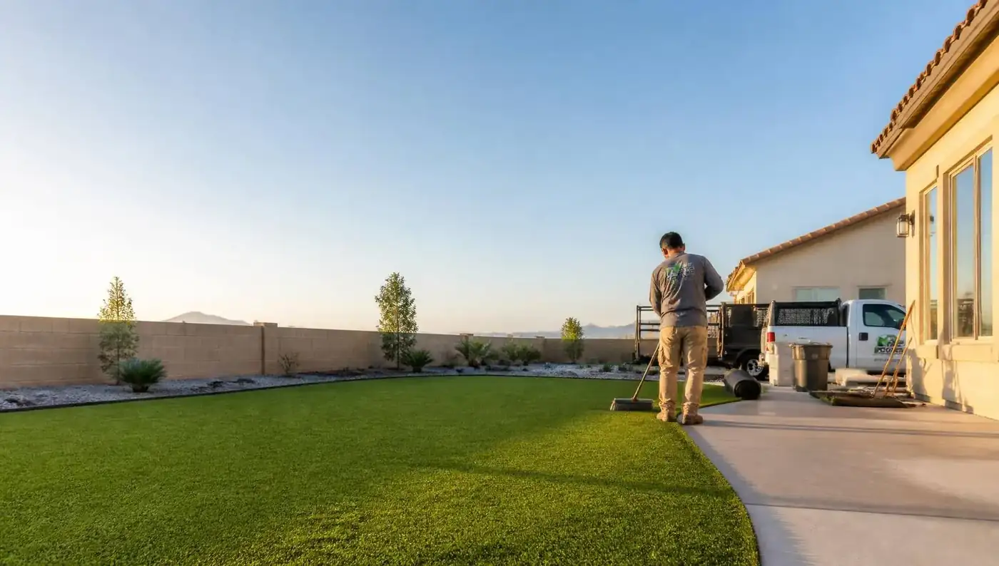 Turf Mind installer finishing an artificial turf backyard installation at a Riverside, CA home with the crew truck parked in the driveway