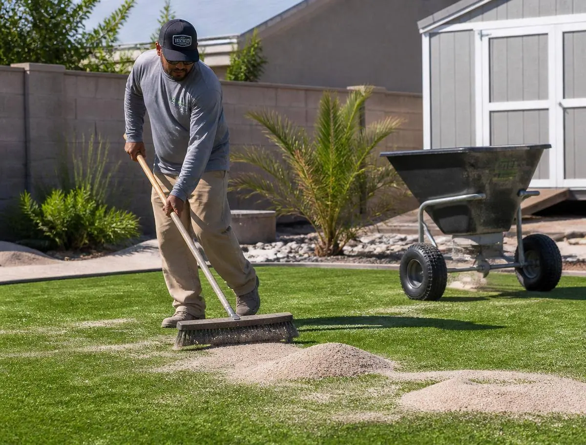 Installer brooming silica infill sand into freshly laid artificial turf