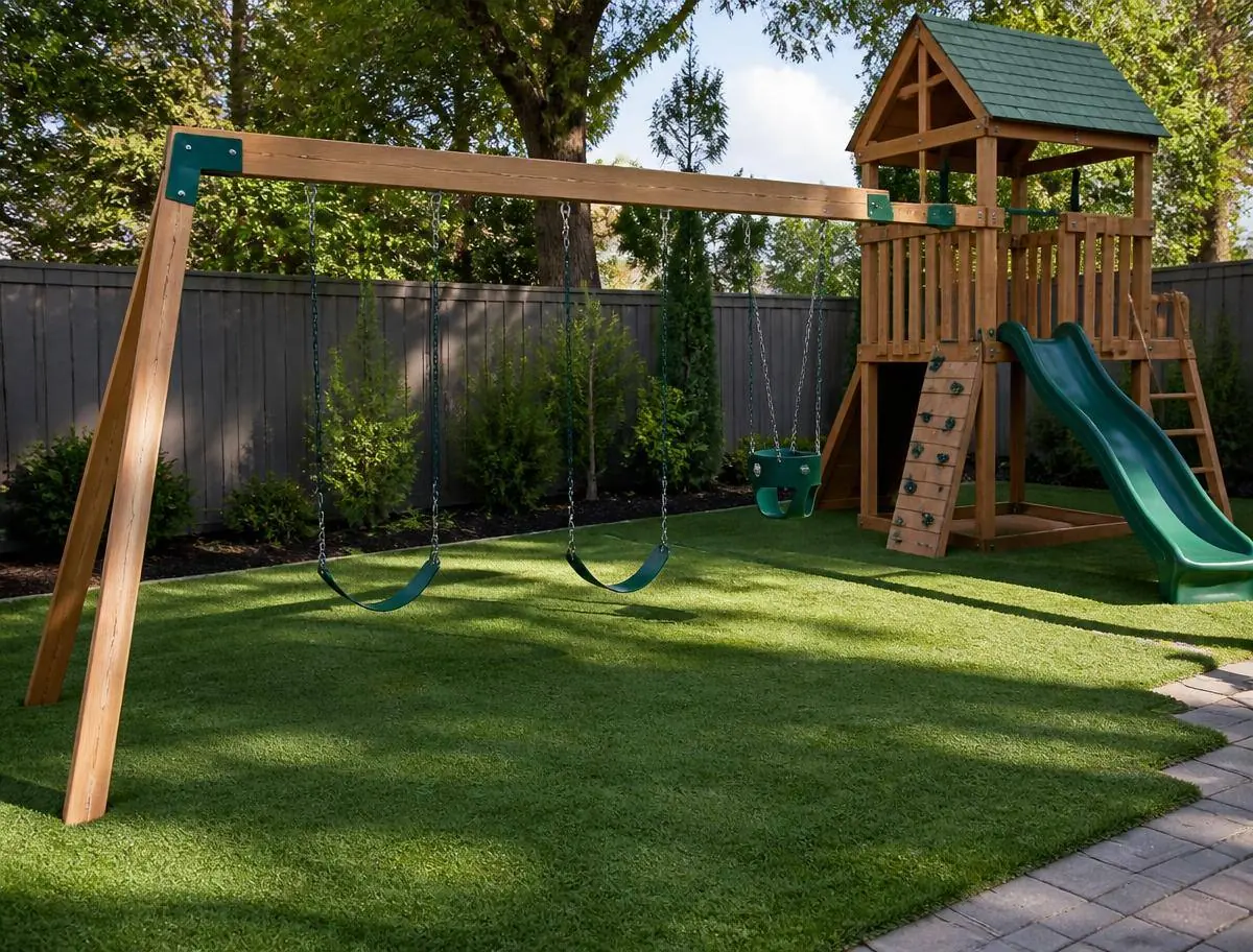 Playground turf installed with shock-pad underlay under a backyard swing set