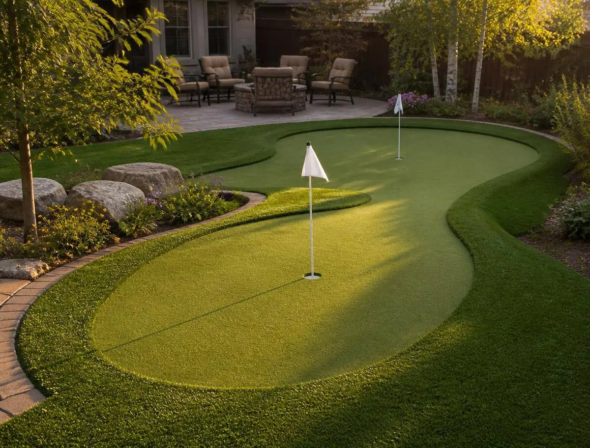 Backyard synthetic putting green with two cups in Riverside CA