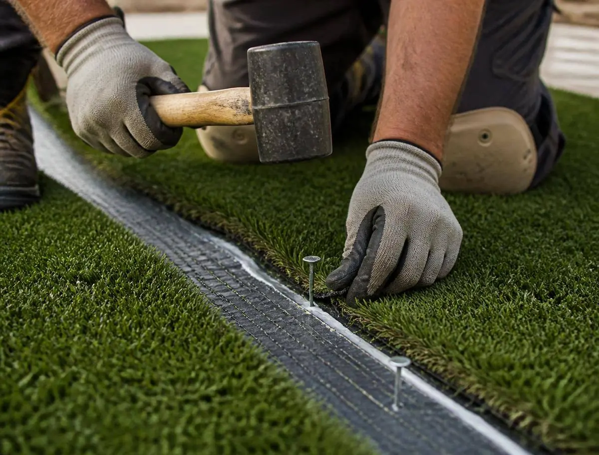 Installer seaming two pieces of artificial turf with seam tape and nailing the edge with a mallet